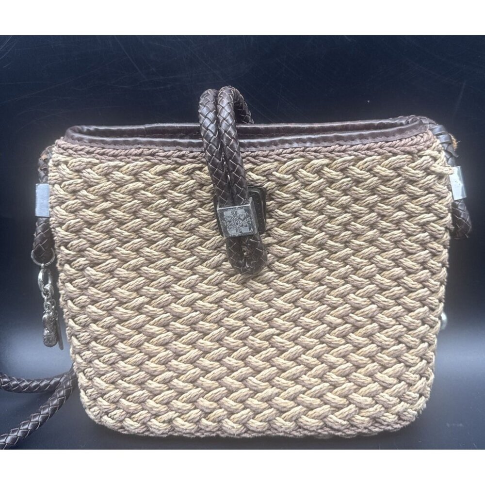 BRIGHTON Handbag Straw Crossbody Shoulder Purse Brown Leather Flower Lined Charm